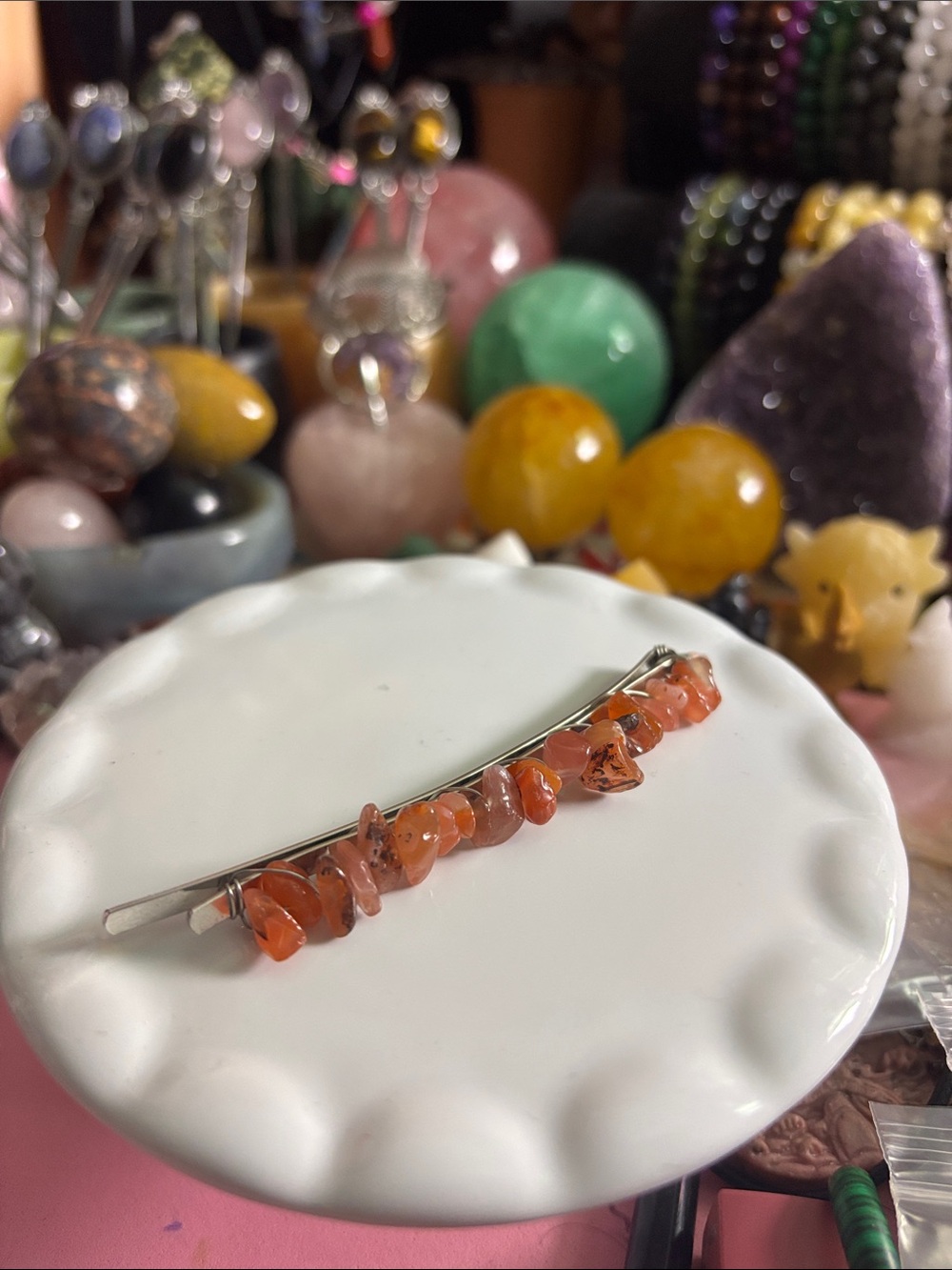 Carnelian Chip Stone Silver Barrette Hair Clip